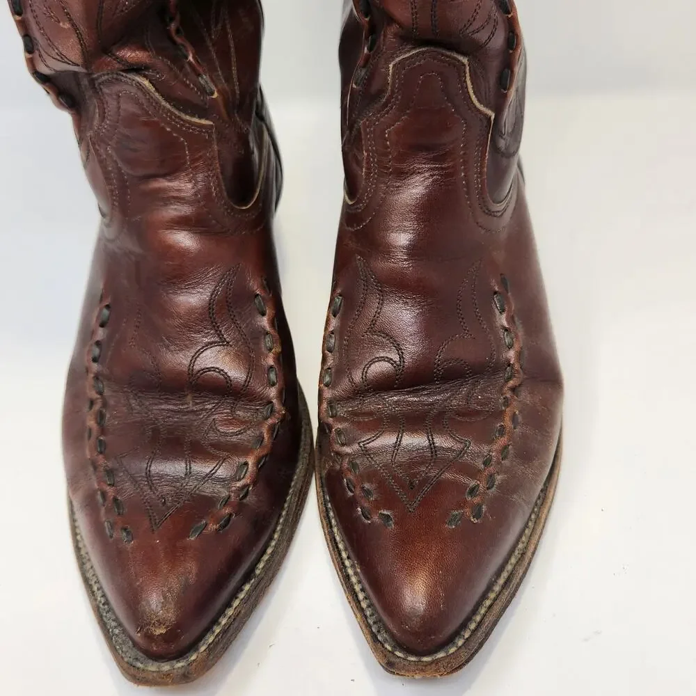 Acme Vintage Brown Leather Western Cowboy Boots Men Size 9 D Raised Stitching